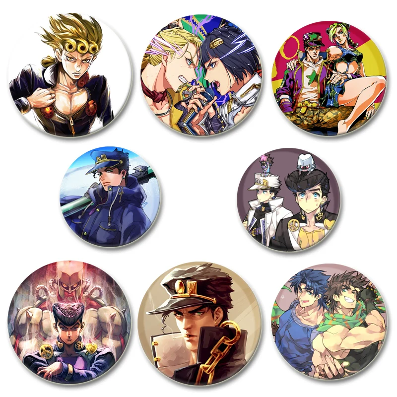 Anime JoJo's Bizarre Adventure Brooches Cartoon Figure Kujo Jonathan Joestar Joseph Giorno Round Badge Jewelry Enamel Pins 58mm