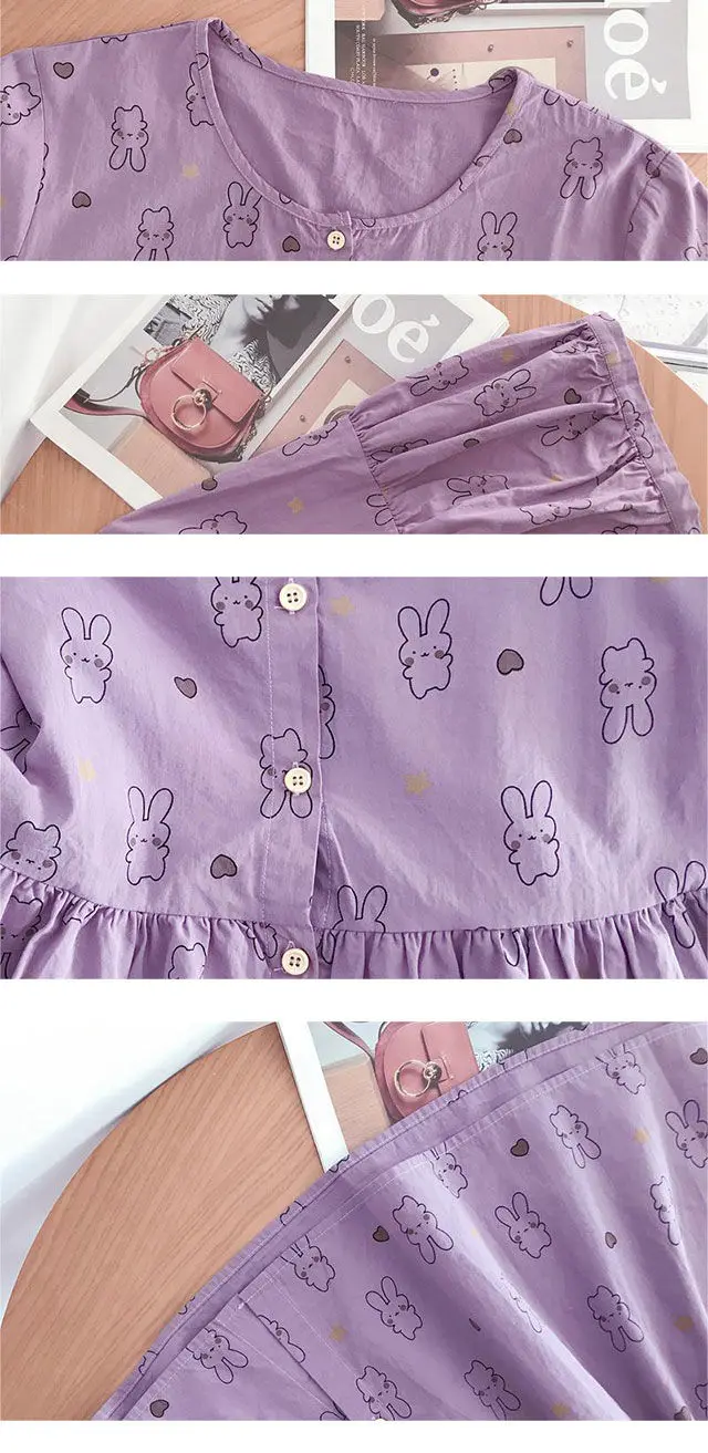 Japanese Cute Rabbit Full Printed Kawaii Shirts Loose Doll A-shape Blouse Summer Lantern Sleeve Skirt Hem Korean Girls Women Top