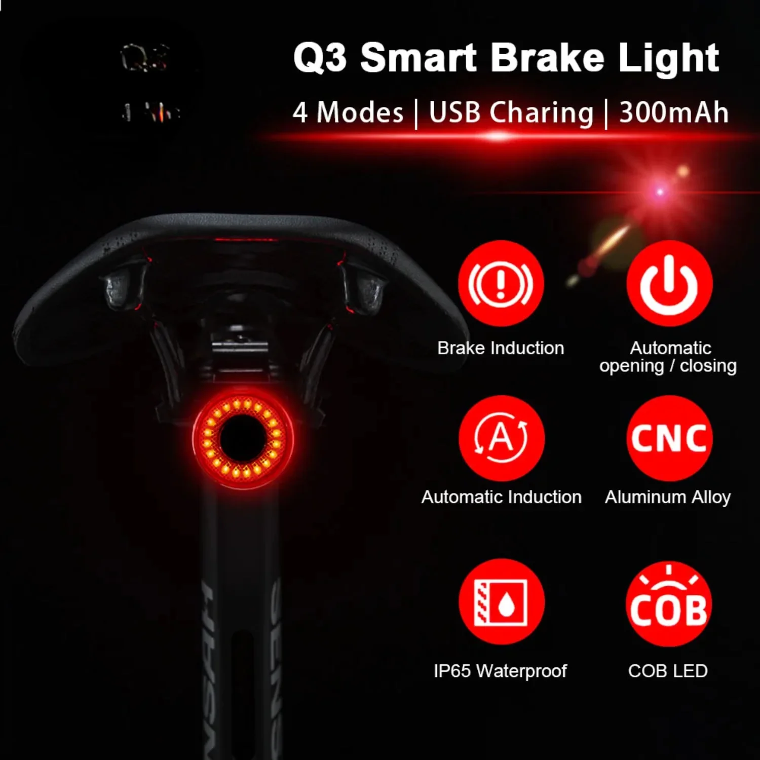 Bicycle Smart Auto Brake Sensing Light IPx6 Waterproof  Charging Cycling Taillight Bike Rear Light Accessories Q3