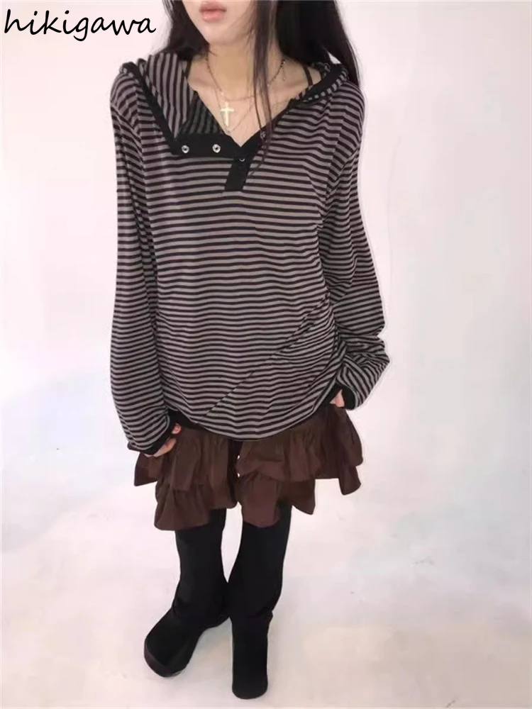 Preppy Style Korean Hoodies Women Clothing Y2k Tops Hooded Striped Long Sleeve Sweatshirts 2024 Ropa Mujer Casual Fashion Hoodie