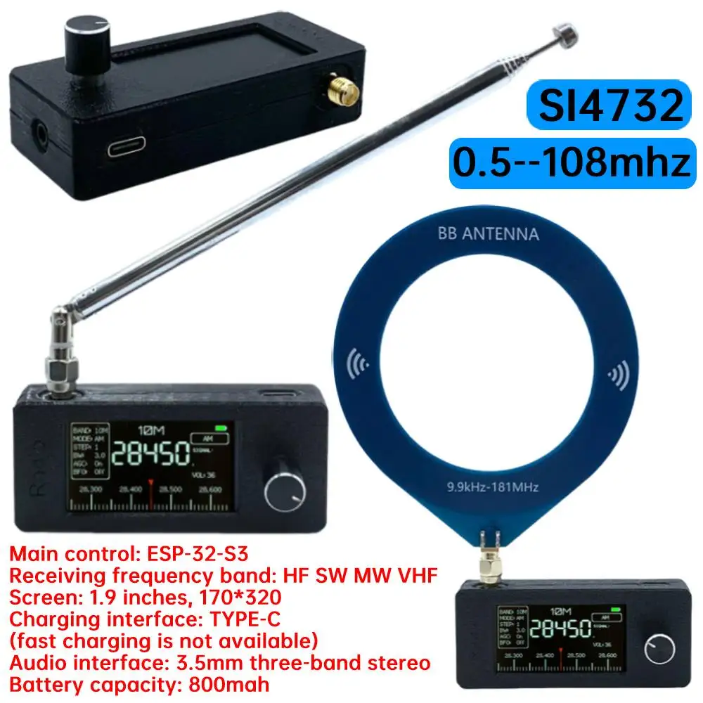 SI4732 0.5-108mhz Mini Radio 1.9 inch IPS Screen Pocket Radio LSB USB AM FM Radio with Antenna HF SW MW VHF Radio Receiver