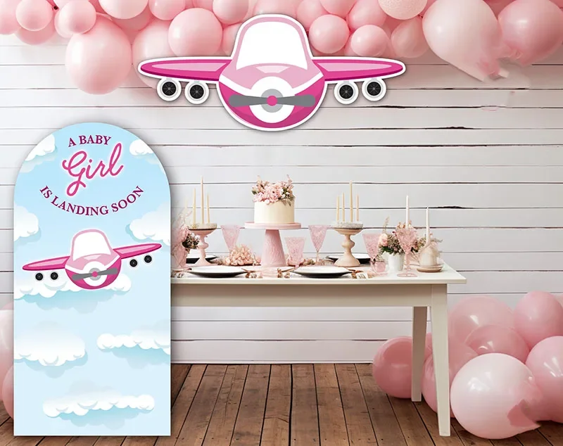 Mehofond Custom 2-Sided Plane Arriving Soon Airplane Girl Birthday Party Baby Shower Cover Chiara Arch Decor Backdrop Photo Stud