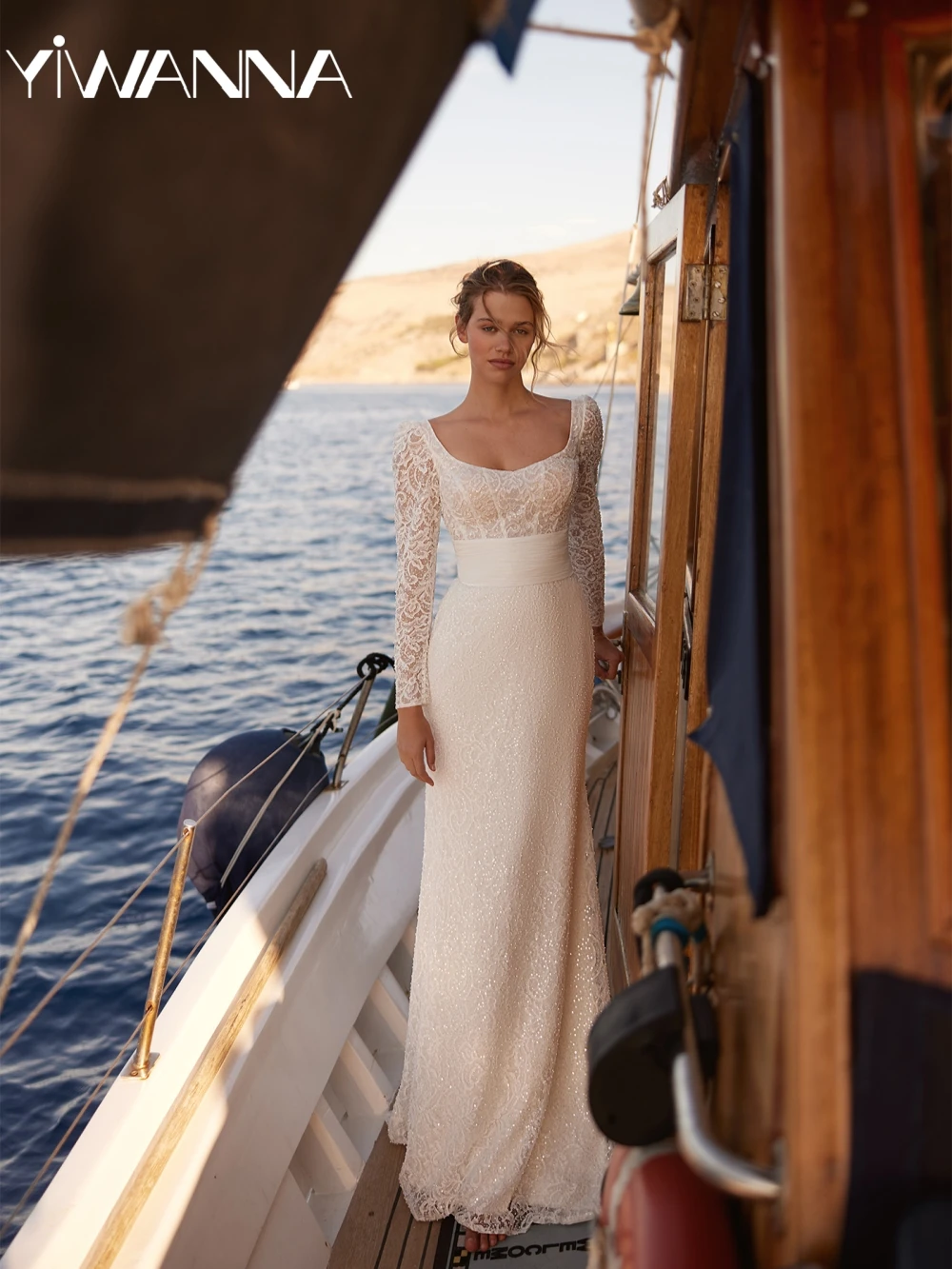 

Dreamy Ivory Beaded Lace Mermaid Wedding Dress Modest Square Neck Long Sleeve Bridal Gown Customized Elegant Dresses For Bride