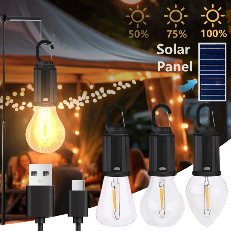 Solar Camping Lamp Bulbs Outdoor USB Charging Solar Powerd Hanging Lights Portable Tent Light Waterproof for Camping BBQ Decor