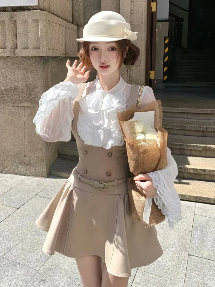 

France Vintage Autumn 2-piece Set Woman Fashion Long Sleeve Lace Bow Shirt + Retro Sashes Brown Dress Elegant Design Suit New