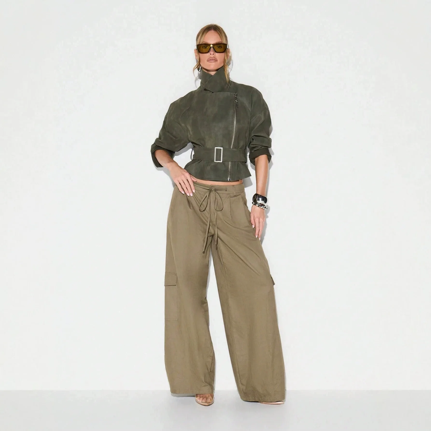 2026 stand-up collar imitation suede locomotive jacket women's oblique zipper belt short tooling jacket