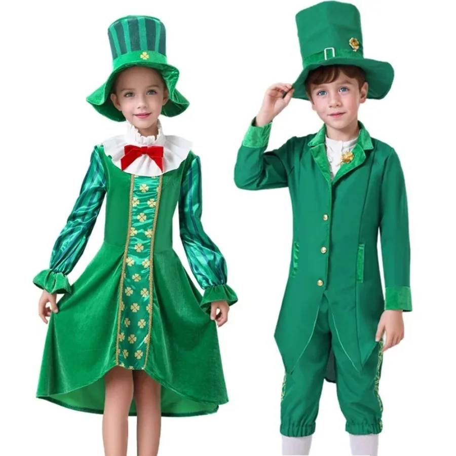 ZOETOPKID Disfraz de Cosplay para Niños, Día de San Patricio, Vestido para Niños y Niñas, Conjunto de Uniforme de Escenario, Estilo Irlandés, Verde, Festival, Disfraz de Halloween
