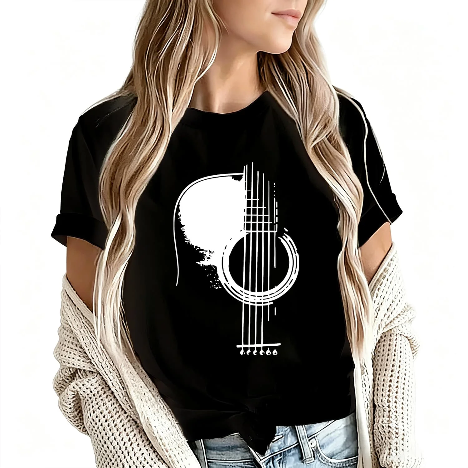 Black Background White Line Guitar Print Women's T-Shirt 100% Cotton Funny Graphic Short Sleeve Tee Novelty Shirt Casual Crew Neck Top S-5Xl
