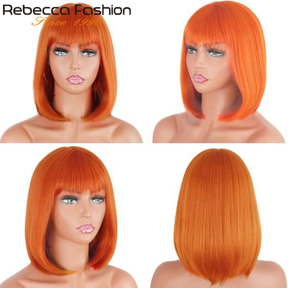 Ginger Orange Blonde Short Cut Straight Bob Wigs With Bangs Human Hair Brazilian Straight Human Hair Wigs Machine Made Easy Wear