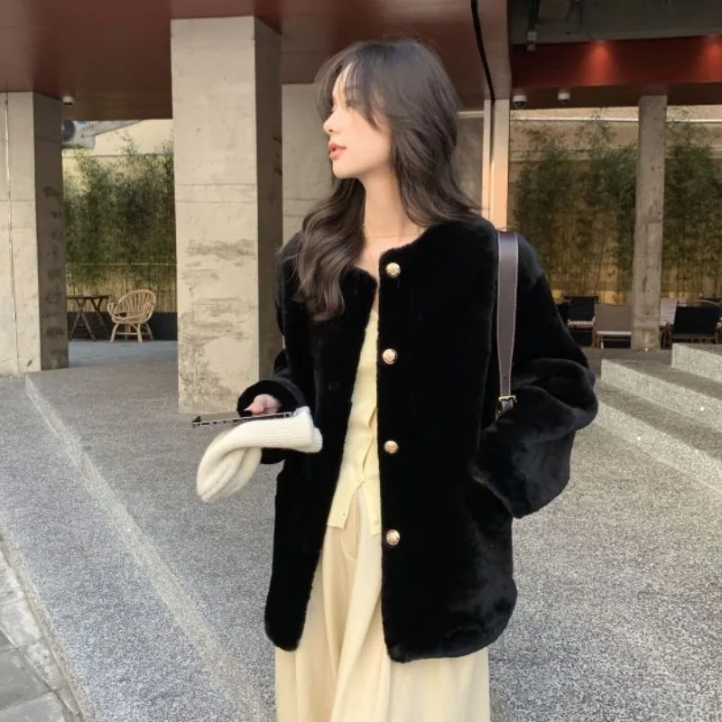 Imitated Mink Rex Fur Coat for Women, Casual Outwear, All-Match, Loose, Mid-Length, Fashion, New, Winter，puer black