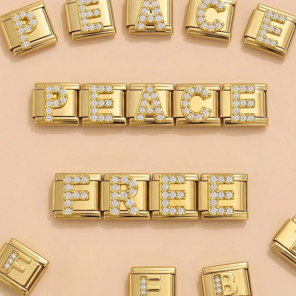 URING A-Z 26 Buchstaben Zirkonia-Anhänger in Goldfarbe, 9mm, italienische Edelstahl-Armbandglieder, DIY-Schmuckherstellung mit individuellem Namen – Detail 3
