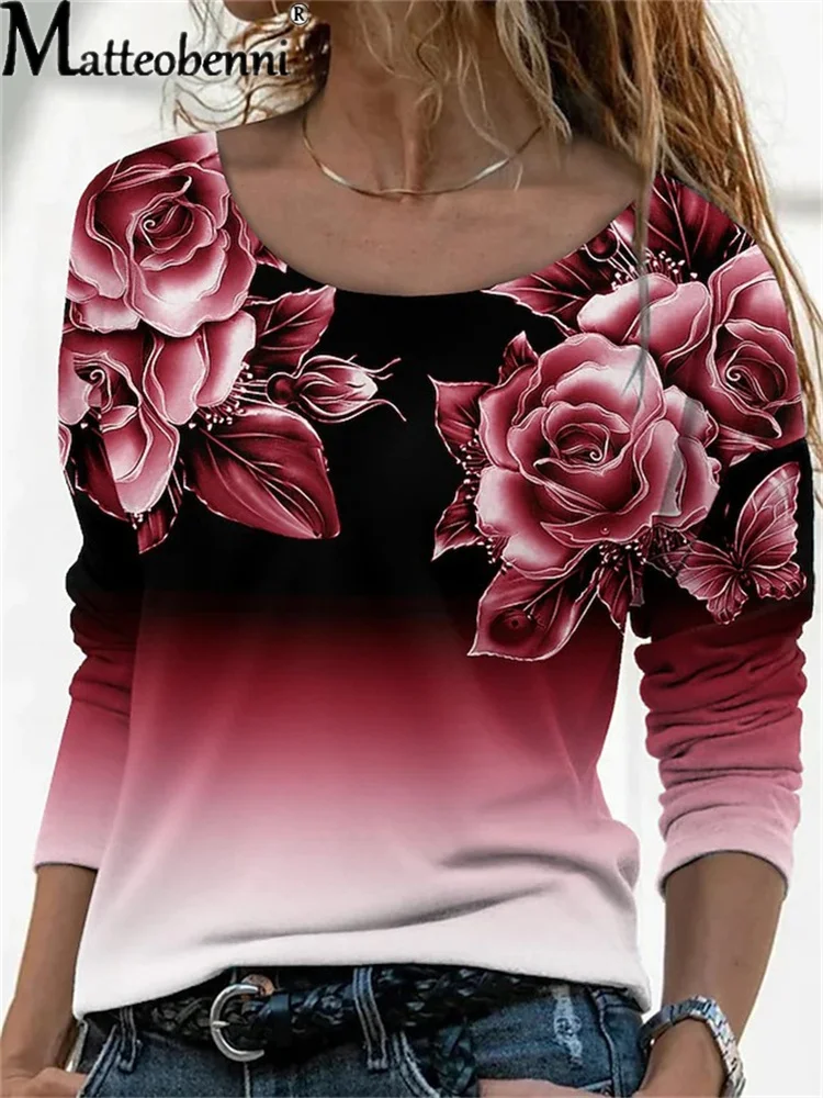 

3D Floral Printing Long Sleeve Top Casual Women O-Neck T-Shirts Gradient Color Printed Loose Autumn Spring Fashion Clothes Lady