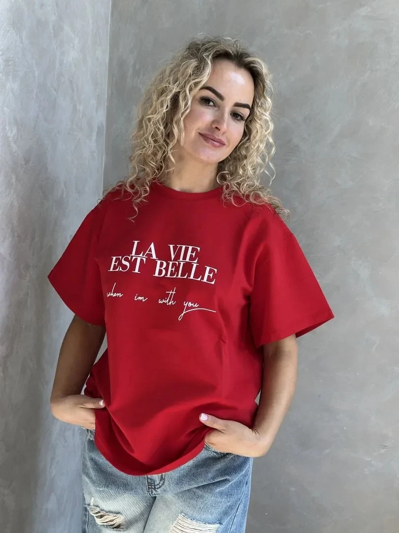 Women's Vintage Letter Print Oversized Cotton T-Shirt - Short Sleeve Tee