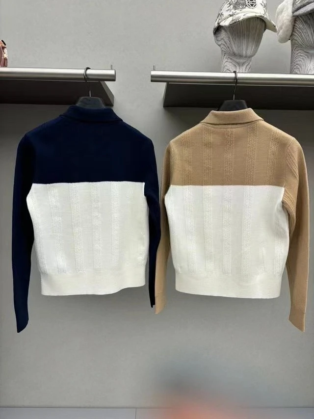 New Korean Women Golf Collared Spliced Zip Knit Cardigan Long Sleeve Slim Fit Breathable Quick Dry Sport Golf Outwear