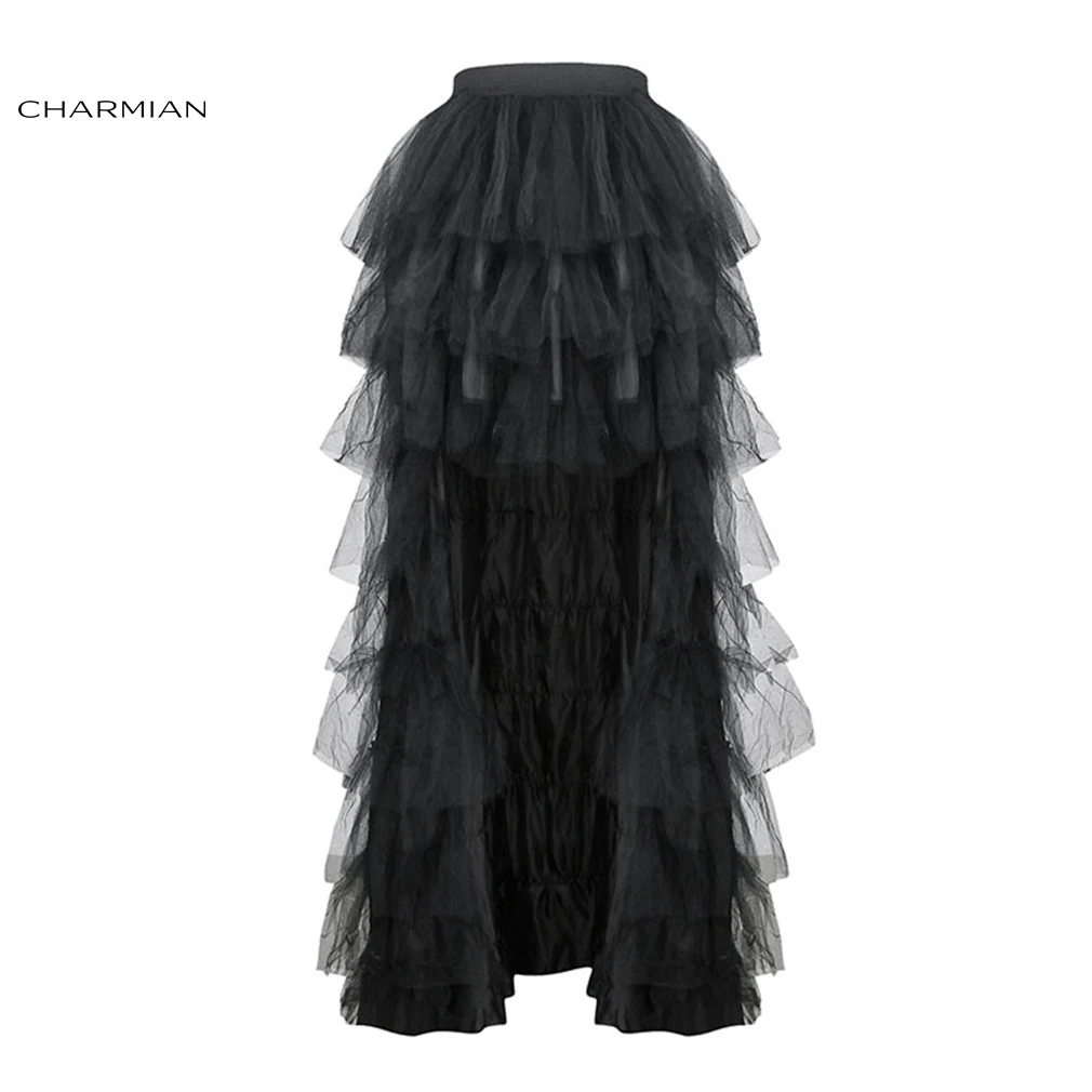 Charmian-falda de tul Alto y Bajo para mujer, falda negra Retro multicapa de gasa elástica de cintura alta para baile, enagua para fiesta, disfraz
