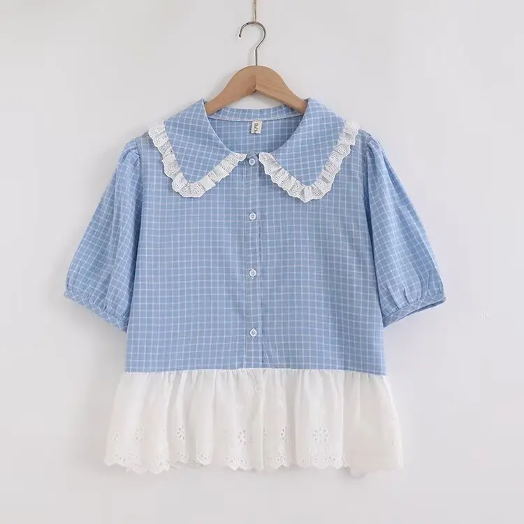 Japonês doce mori menina vintage xadrez rendas retalhos camisas femininas verão bonito peter pan colarinho manga curta blusa casual topos