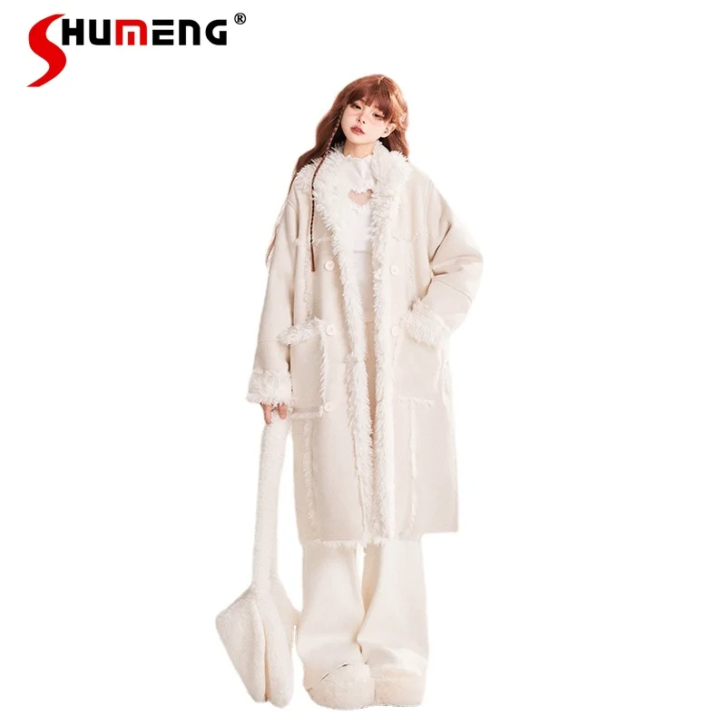 

2023 Autumn And Winter New Japanese Cardigan Warm Coat White Color Long Sleeved Faux Fur Integrated Mid-Length Jaqueta Feminina