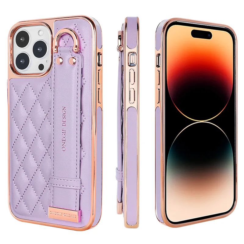

Compatitable With iPhone 16/16 Pro/16 Pro Max Case With Wristband Holder, Grid Pattern PU Leather Cell Phone Case, Purple