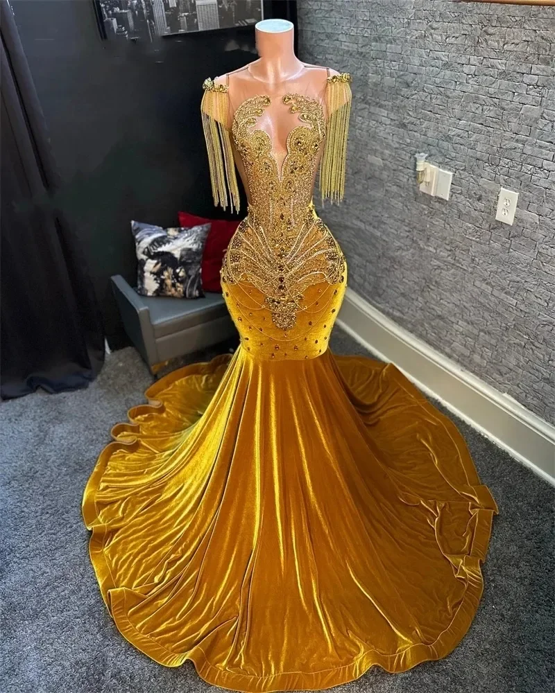 

Gold O Neck Evening Dresses For Black Girls Beaded Crystal Birthday Party Gowns Mermaid Tassel Long Prom Dresses Robe De Bal