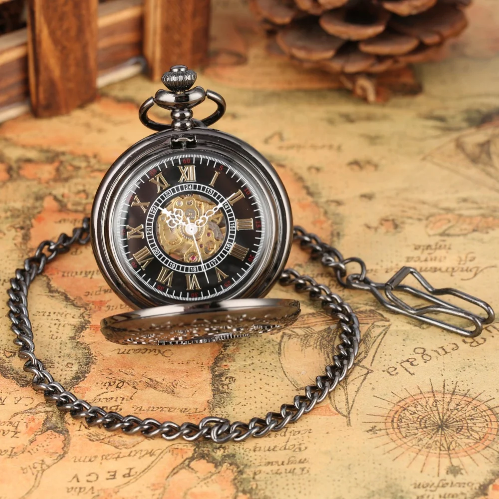 Retro Black Mechanical Hand Winding Pocket Watch Hollow Gearwheel Cover Gold/Blue Roman Numerals Dial Fob Chain Timepiece Gift