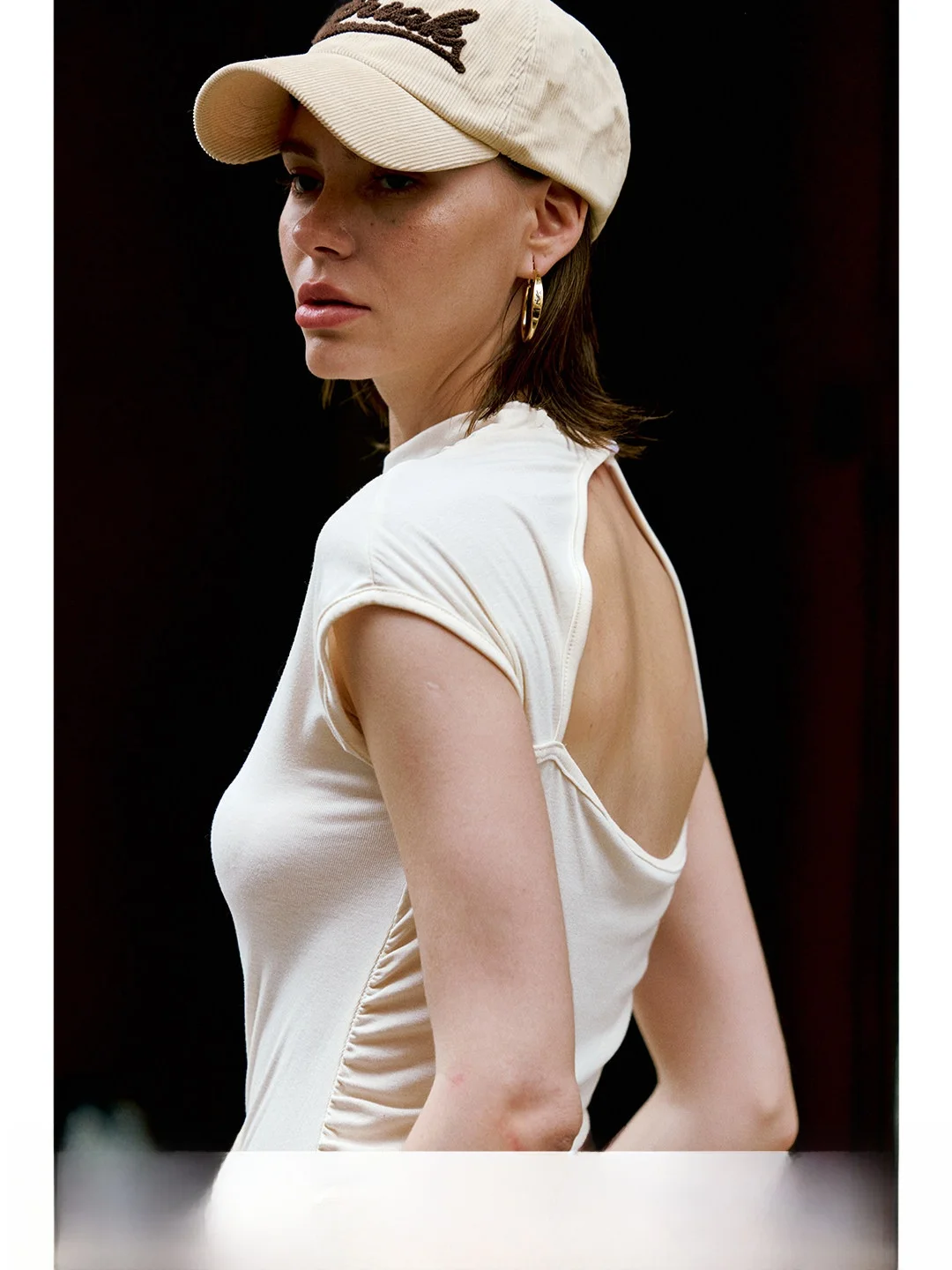 Luna7xi Women's Short Sleeve T-Shirt Backless Design Side Pleated Waist Cinched Base Shirt Summer Cotton Casual Top