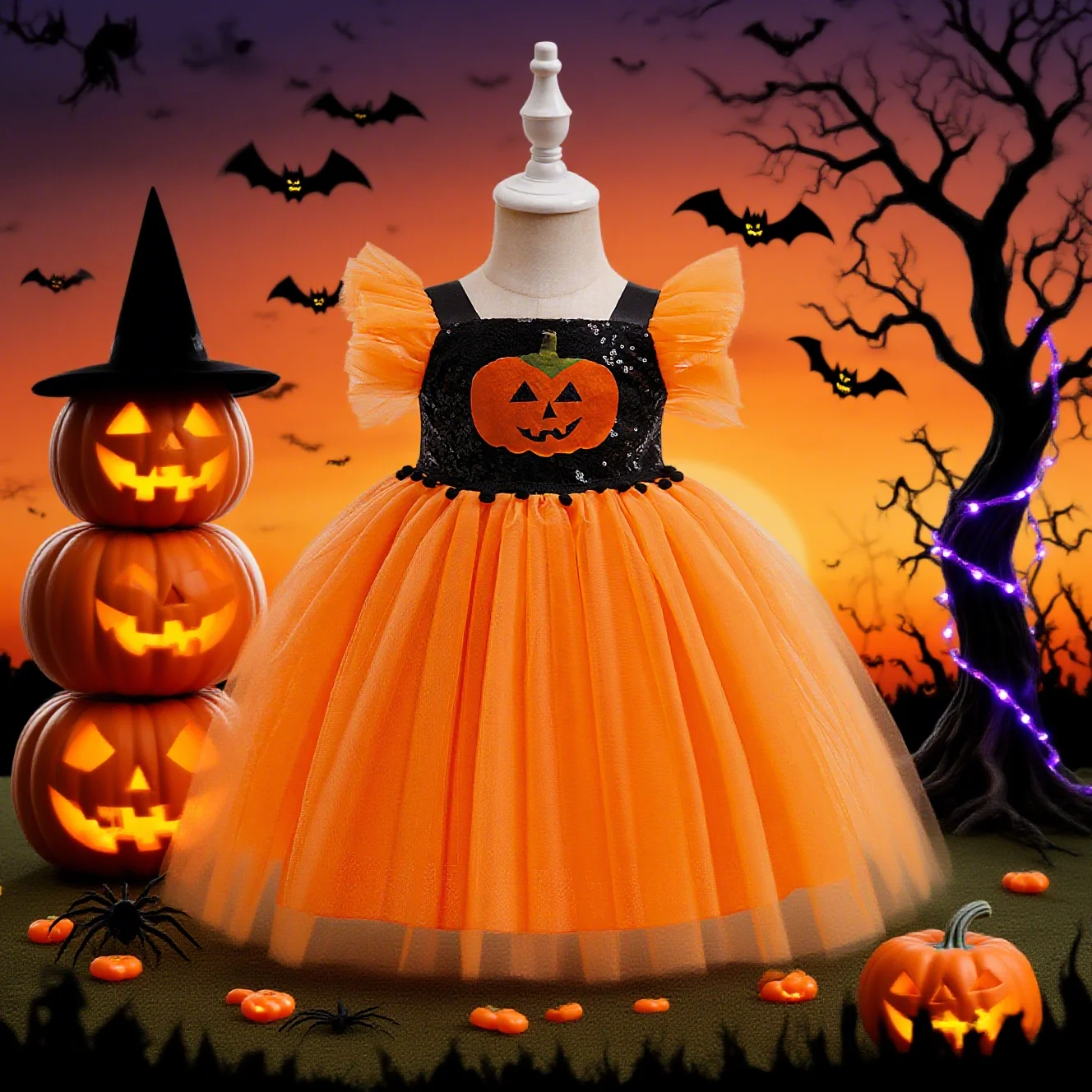 

Сетчатое платье для маленьких девочек, праздничный костюм на Хэллоуин, оранжевое платье с тыквой