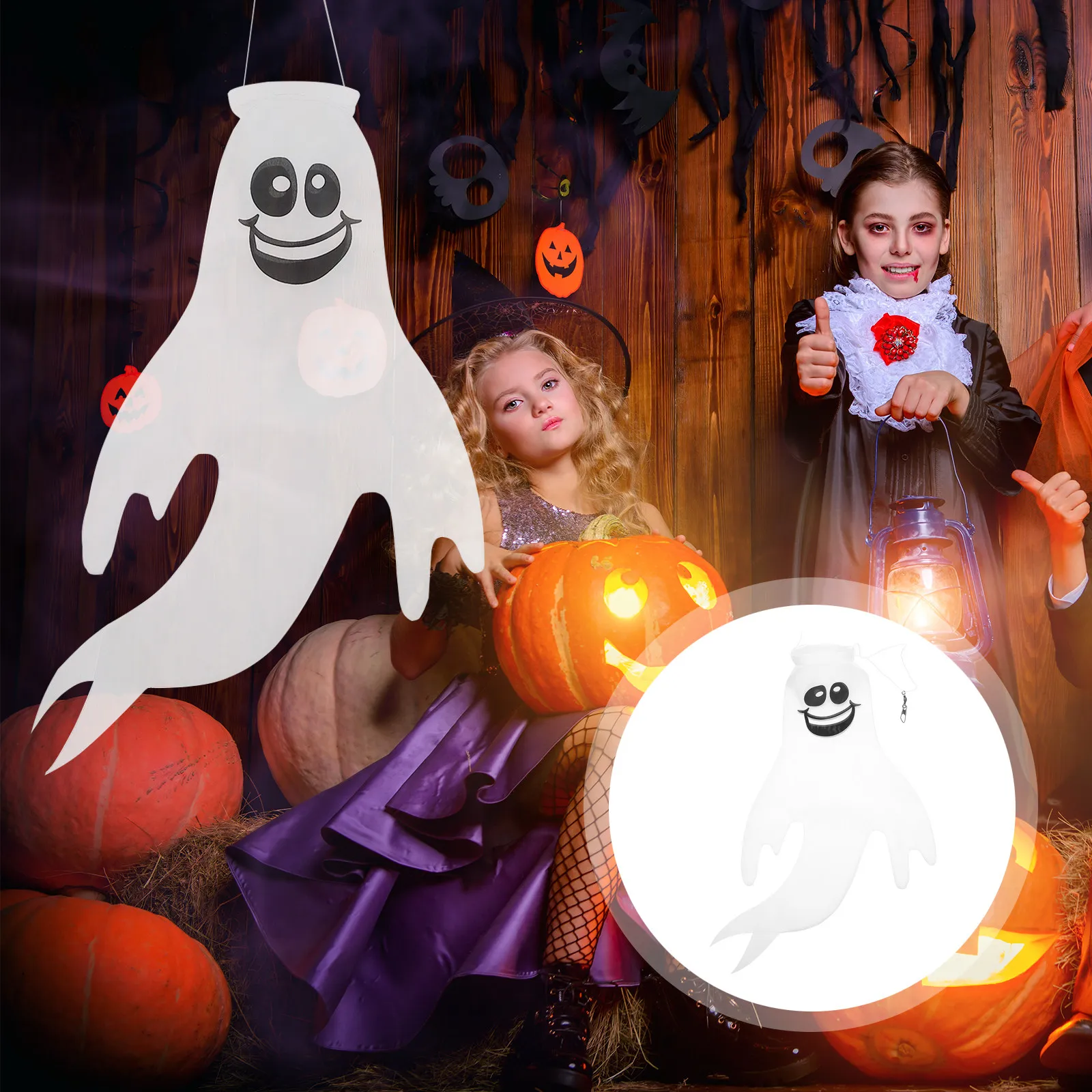 1Pcs Halloween Windsock Flag Ghost Design Polyester Hanging Outdoor Garden Decoration Lightweight Durable Festival Ornament