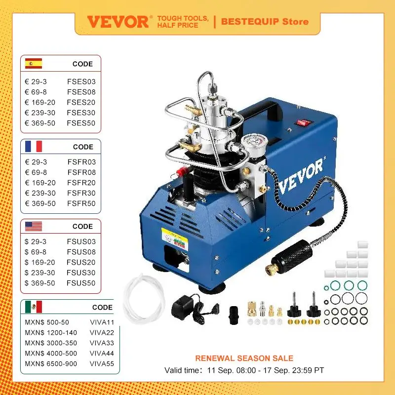 VEVOR 1800W High Pressure PCP Air Compressor Pump 4500PSI/30MPA/300BAR 220V Manual Stop for Paintball, Air Rifle, Diving Bottle