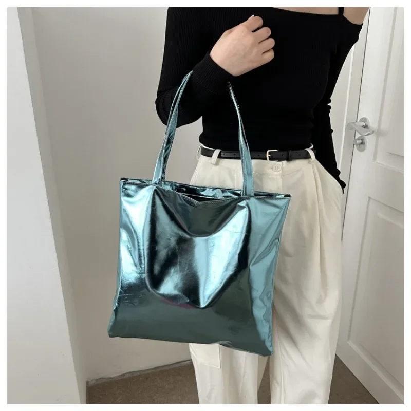 Glossy Tote Bags for Women Fashion High Capacity Shopping Pouch PU Leather Handags Shiny Casual Female Purse Girls Shoulder Bag