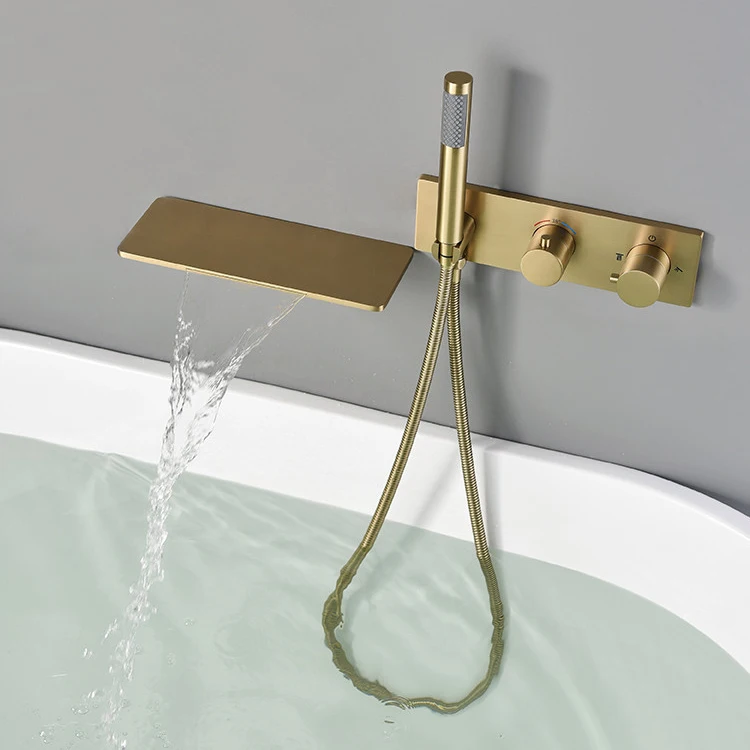 Wall Mounted Tub Faucet Bathroom Brushed Gold Brass Thermostatic Bathtub Faucet with Shower Head