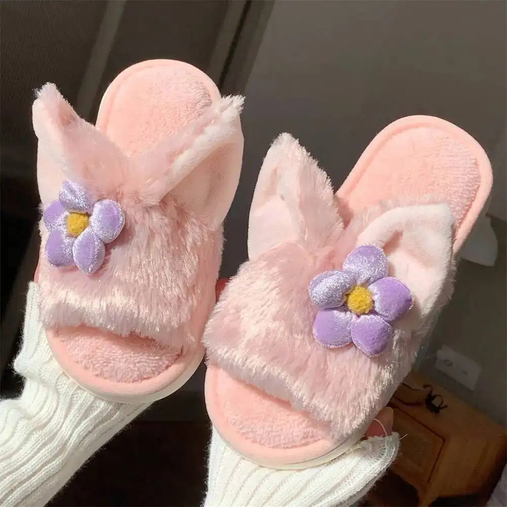 

Pink Sweet Cotton Slippers For Women Winter Warm Anti Slip Cute Furry Home Slide Slippers For Students