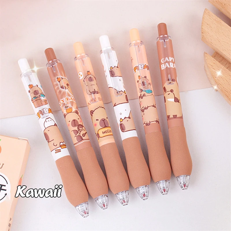 Stylos gel de dessin animé Kawaii Capybara, séchage rapide, écriture lisse, stylos melon al, fournitures scolaires et de bureau, papeterie mignonne pour étudiants, 6 pièces