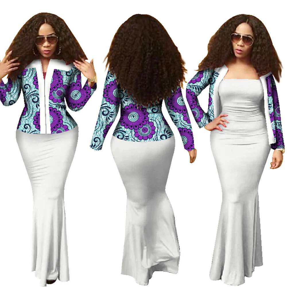 Bintarealwax African 2 Pieces Set for Women New Style Dashiki Crop Top Long Dress Suits Plus Size Traditional Clothing WY1313