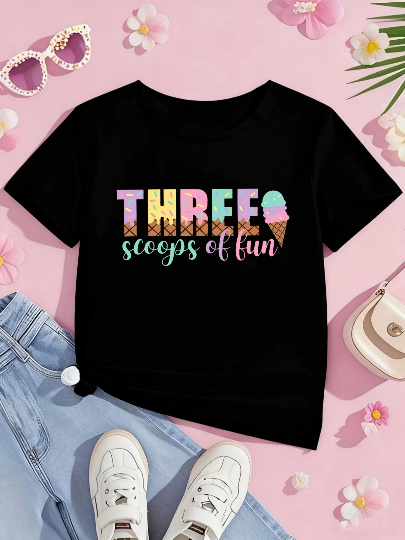 Three Scoops Of Fun Ice Cream 3rd Birthday Gift Printed T Shirt Girls The Best Birthday Gift T-Shirt Kawaii Kids Clothes
