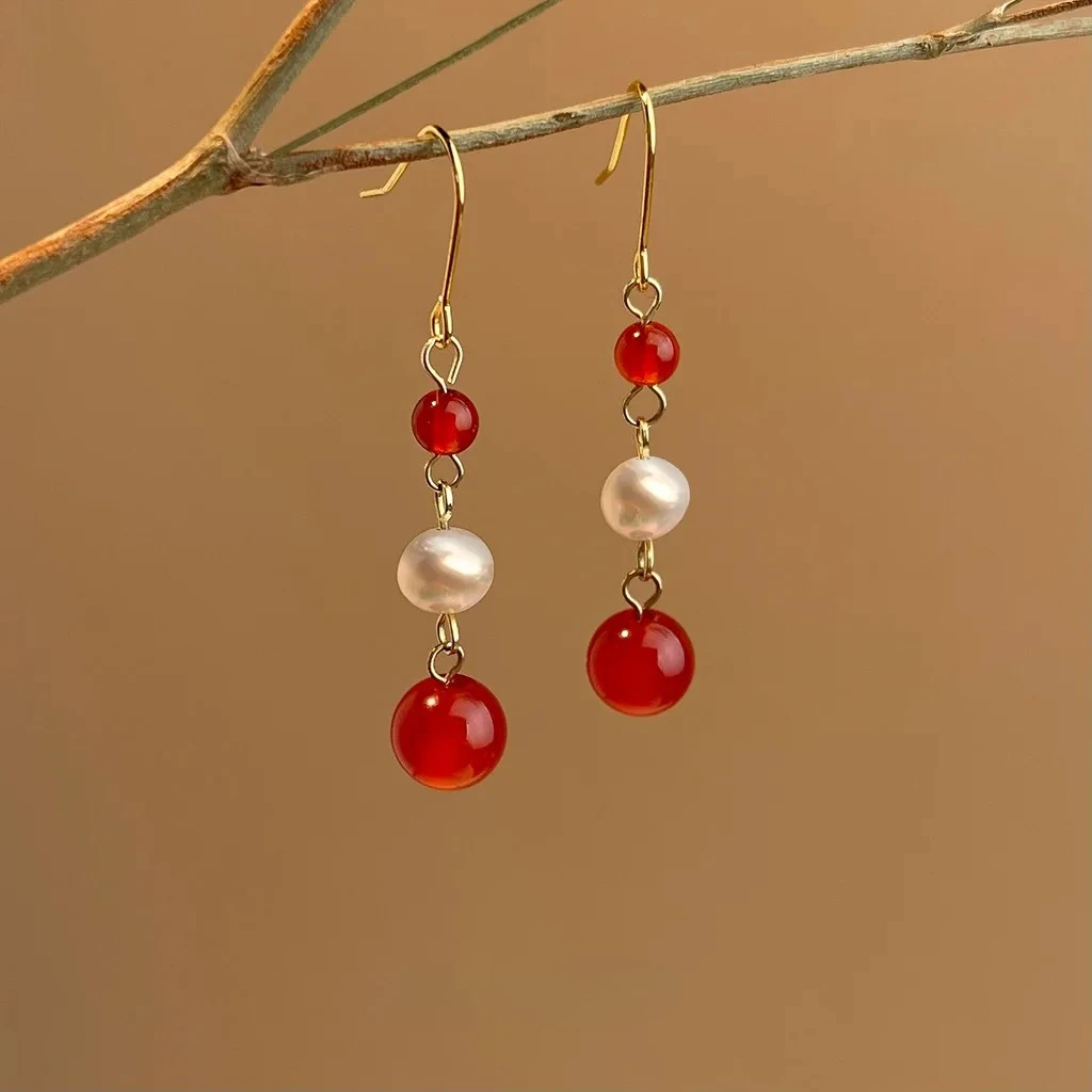 

6-7mm Baroque Freshwater Pearl Earrings for Women Red Agate Retro Style Drop Earrings Jewelry Gift 2026 New Arrivals