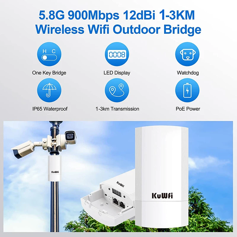 KuWFi 5,8G Wireless Bridge 900Mbps WiFi Outdoor CPE PTP Long Range mit 24V PoE Power IP65 Wasserdicht AP+Repeater Modus 1-3KM