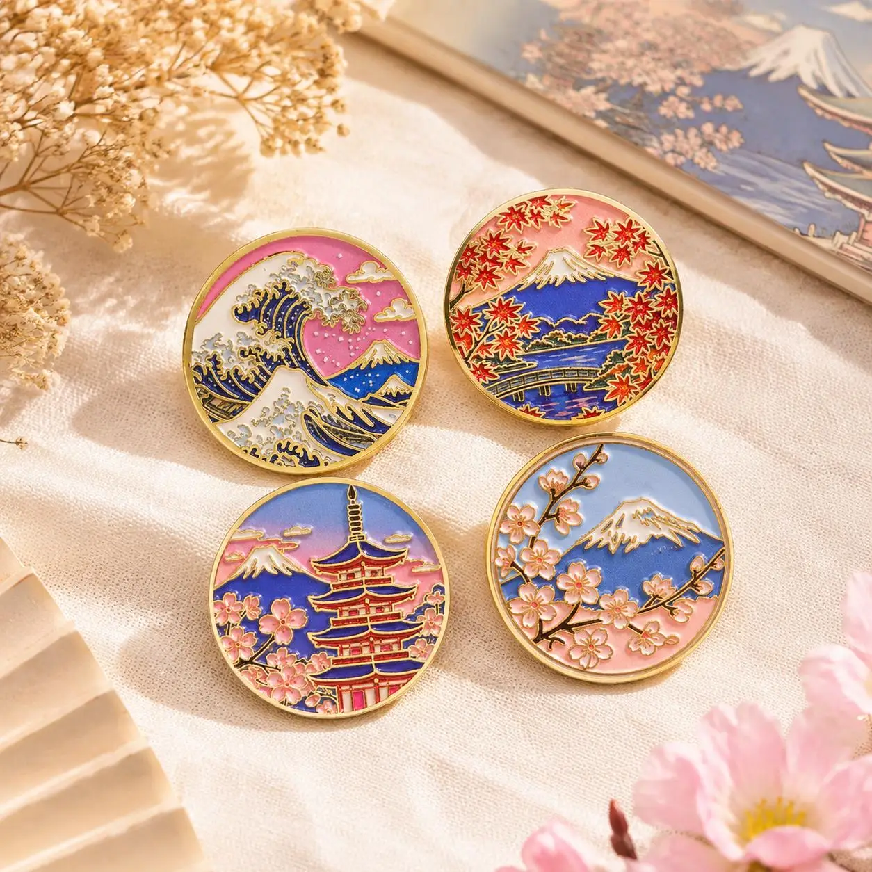 4pcs Japanese Style Enamel Pins Set Mount Fuji Sakura Landscape Brooch Art Mountain Badge Fashion Jewelry Gift for Women