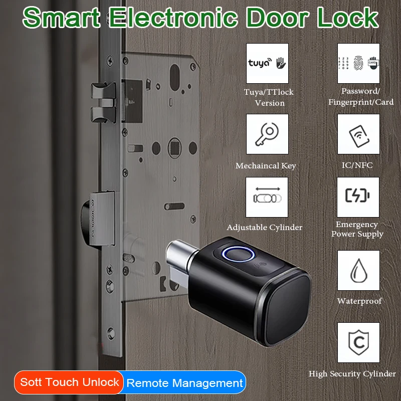 Bluetooth Smart Fingerprint Cylinder Lock Tuya TTLock APP Electronic Adjustable Door Lock with APP/Password/RFID Card/Key unlock