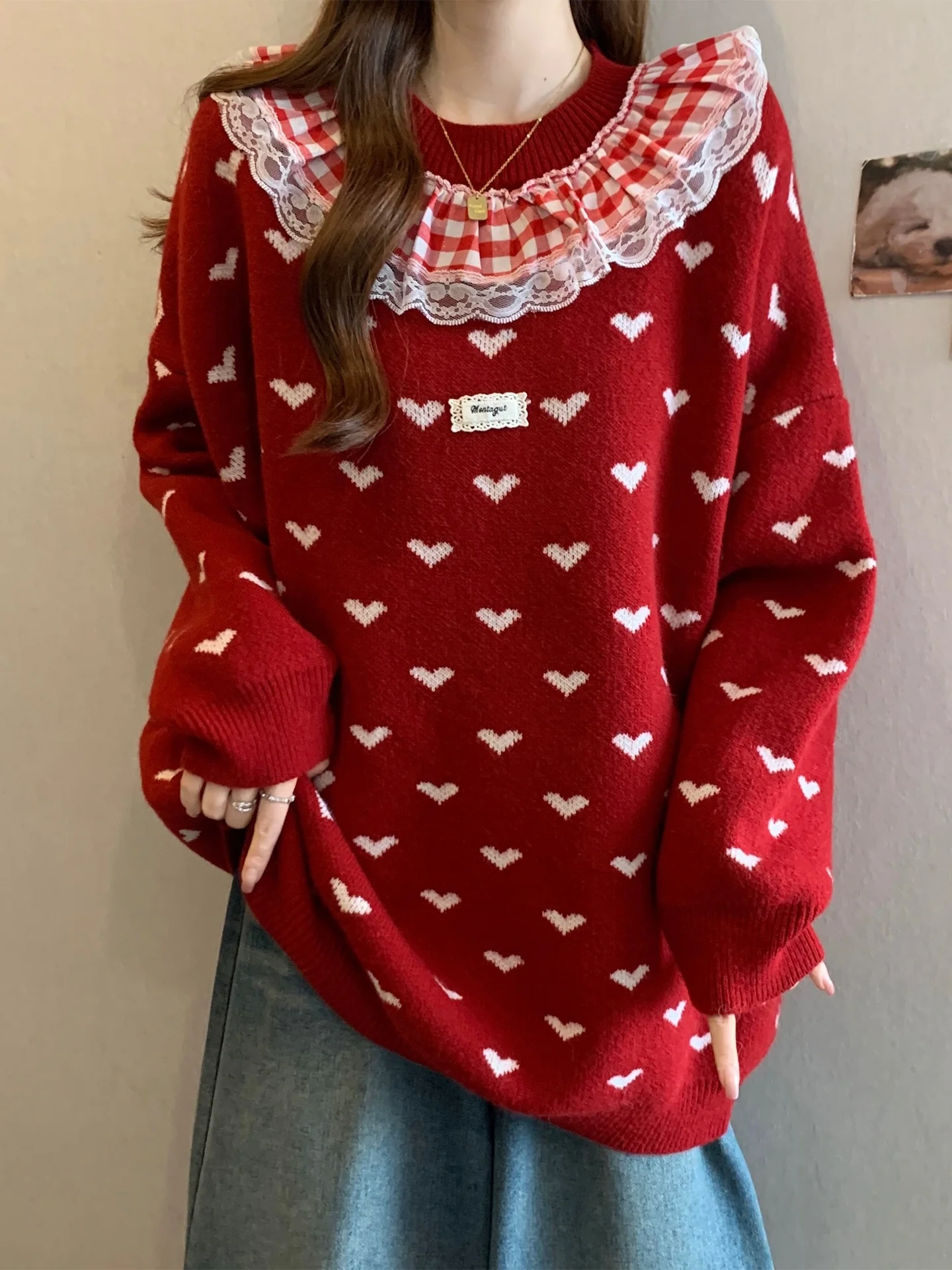 

Red Plaid Doll Collar Heart Pattern Knitted Sweater Women's Winter Large Size Faionable Trendy oulder Length Top