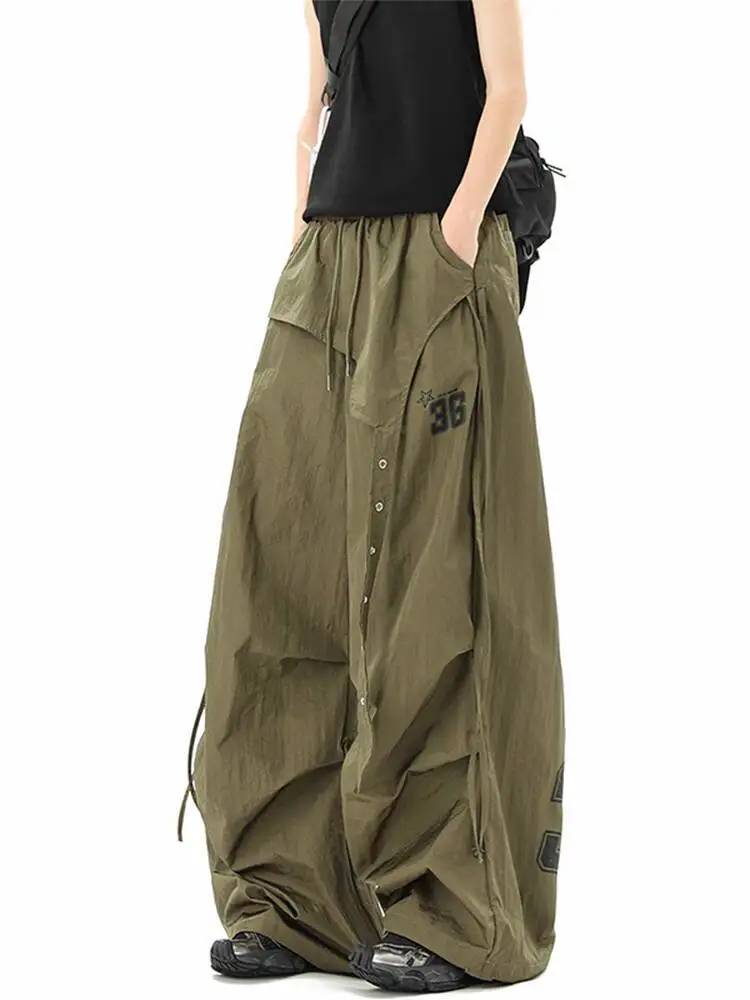 

2025 Autumn Winter Women Cargo Pants Brown Green Hip Hop Pants Stacked Ruched Wide Leg Trousers Number Embroidery Pants