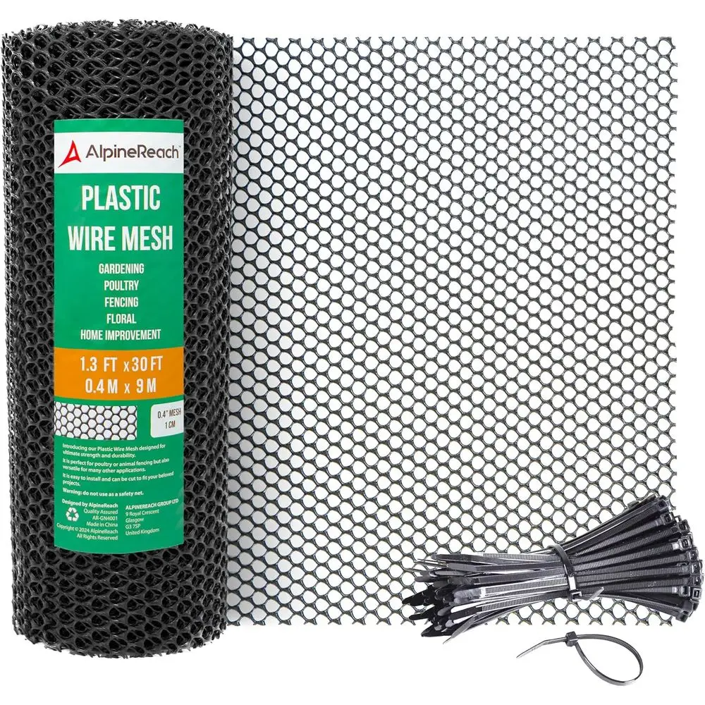

Durable Black Plastic Wire Mesh Roll with Zip Ties - Suitable for Poultry, Dog, Rabbit Barriers, and Gardening, 15.7 x 360