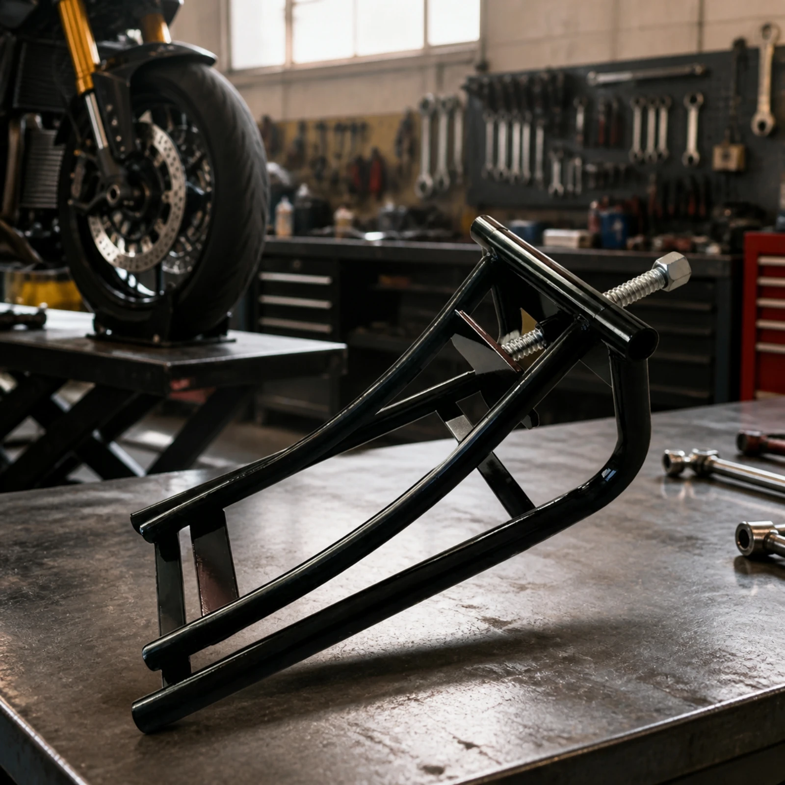 Cylindrical Frame Wheel Lift Tool with Curved Support Rails Sturdy Through-Axle Wheel Lifting and Tire Support Tool Heavy-Duty