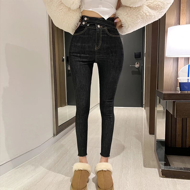 

Slimming High Waist Diagonal Button Design Elastic Women's Jeans Pencil Pants Autumn Winter Faion plus Size Pure Color Nine...