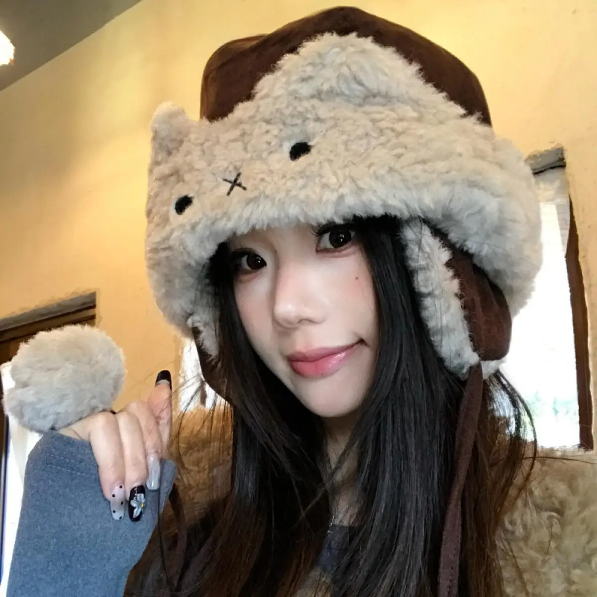 Plush Miffy Rabbit Ear Protection Hat for Women In Autumn and Winter, Thickened for Warmth, Small Face, Outdoor Cold Protection