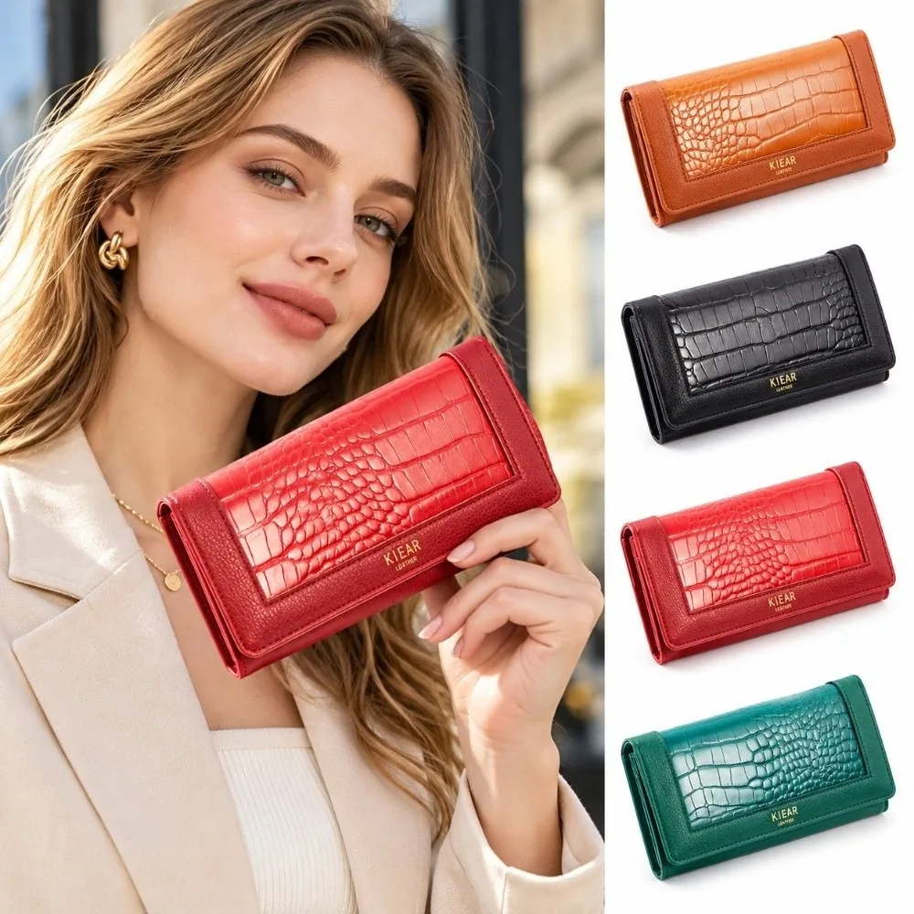 Embossed Crocodile Pattern Long Wallet PU Leather Snap Button Clutch Purse Multi Card Slots Large Capacity Money Bag For Women