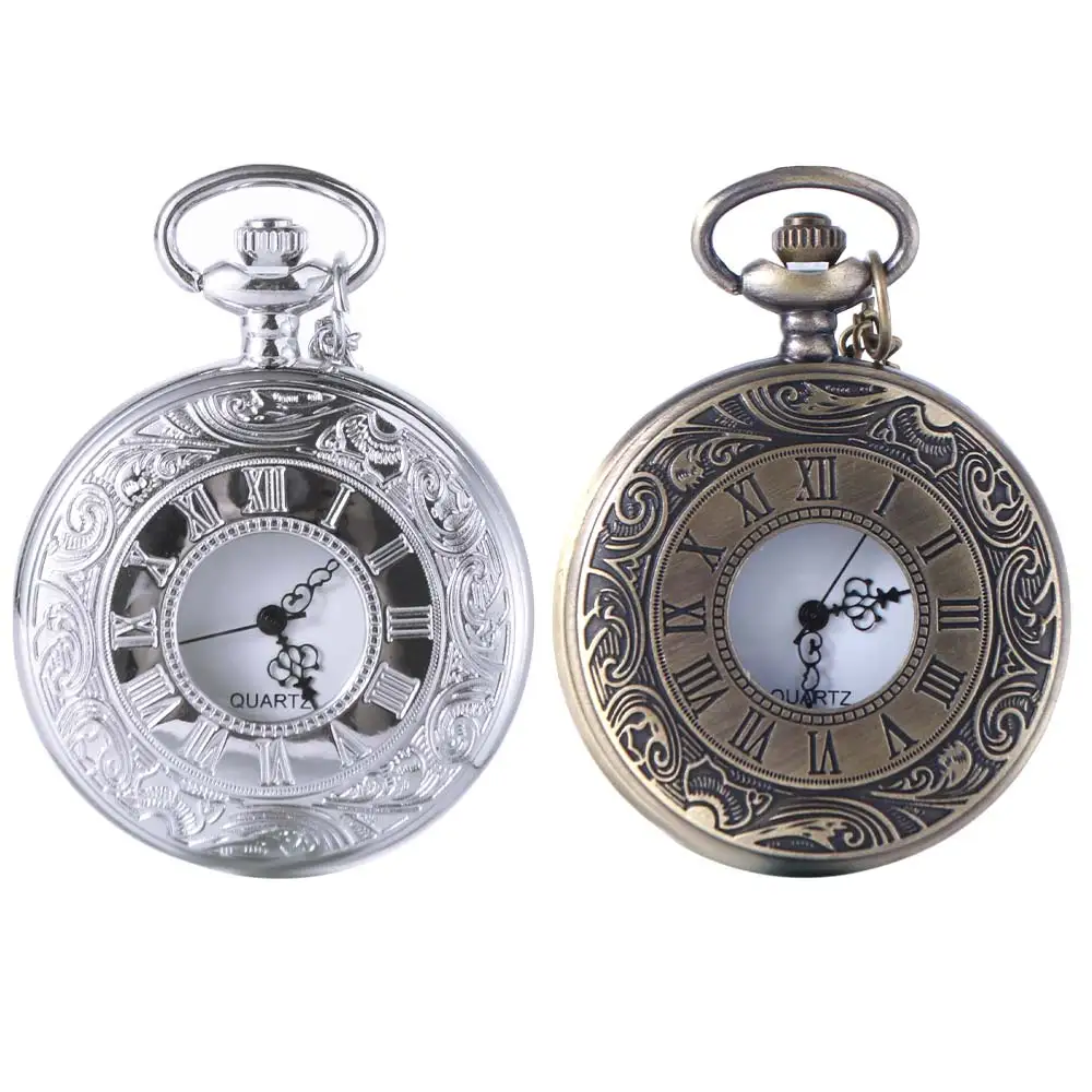Roman Scale Display Vintage Pocket Watch Necklace Chain Hollow Case Bronze Chain Clock Antique Quartz Pendant
