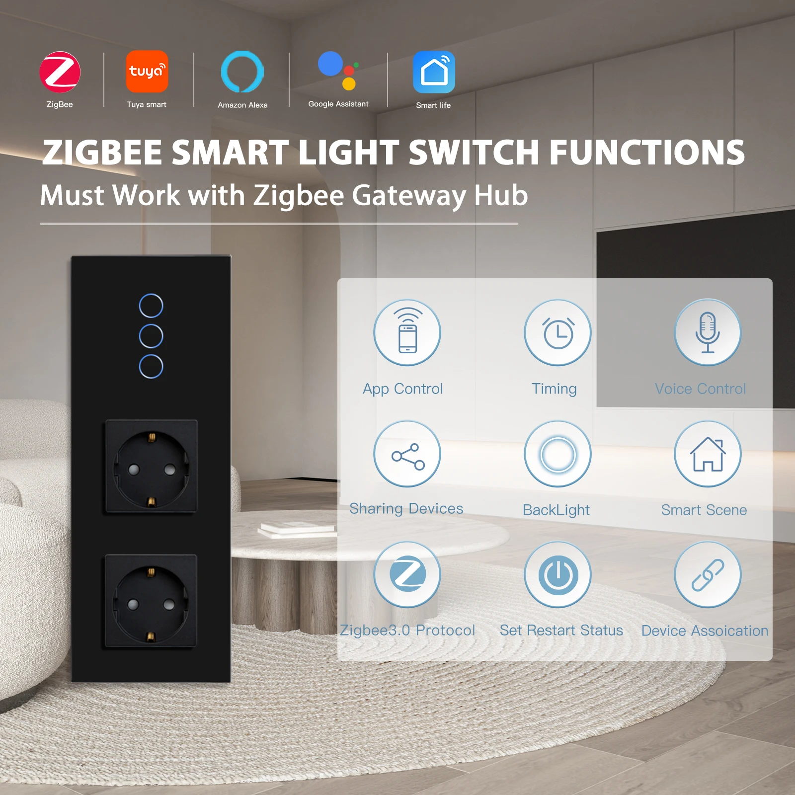 BSEED Zigbee Touch Switches 1/2/3Gang 1Way Smart Wall Light Switches Wireless App Control With EU USB Phone Charge Wall Sockets