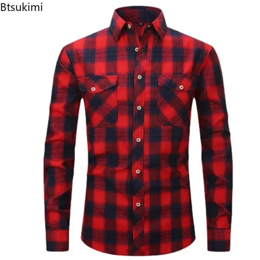 

New2024 Men's Warm Social Shirts Plaid Style Autumn Winter Flannel Warm Casual Shirts Plaid Tops Long Sleeve Business Shirts Men