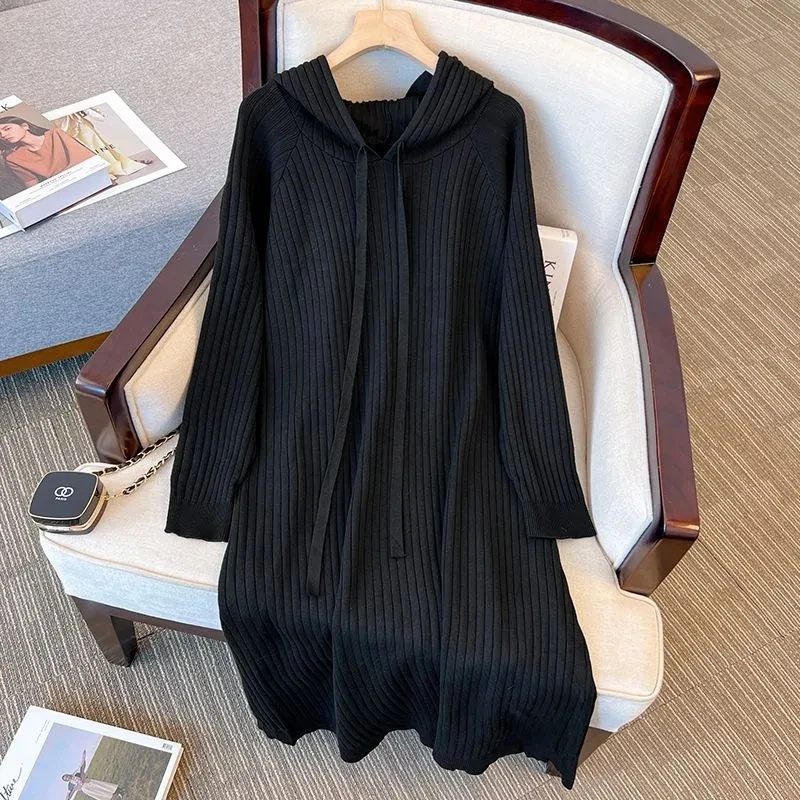 Sukienka damska plus size 6XL 150kg, długa, jesienna, z kapturem, oversize, luźna, z elastyczną talią, maxi.