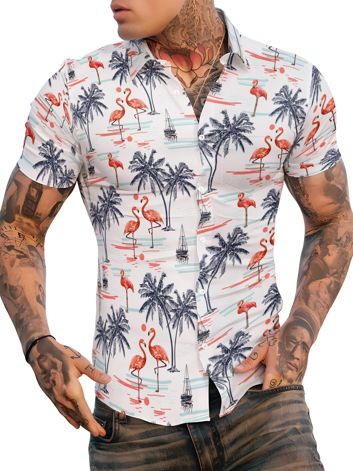 Men\'s Hawaiian Shirts,Palm Summer Beach Casual Short Sleeve Button Down Shirts, Tropical Holiday Beach Shirts with Pocket